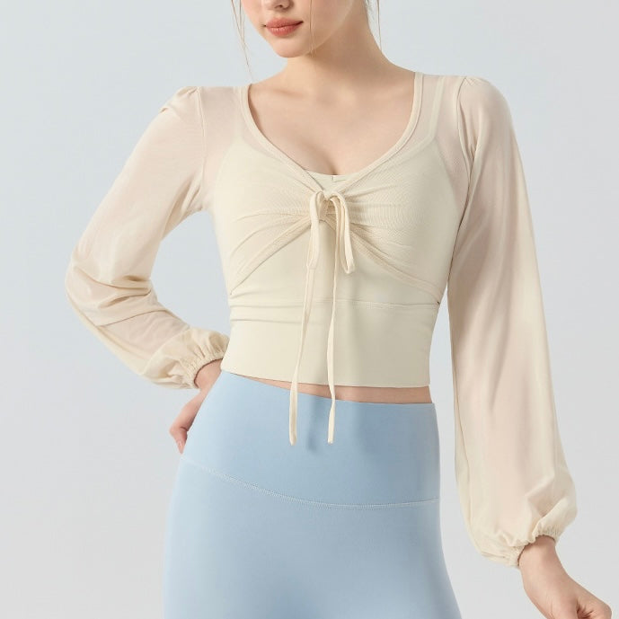 フェイクツー リボン メッシュ ヨガトップス 2416