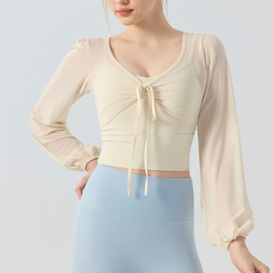 フェイクツー リボン メッシュ ヨガトップス 2416