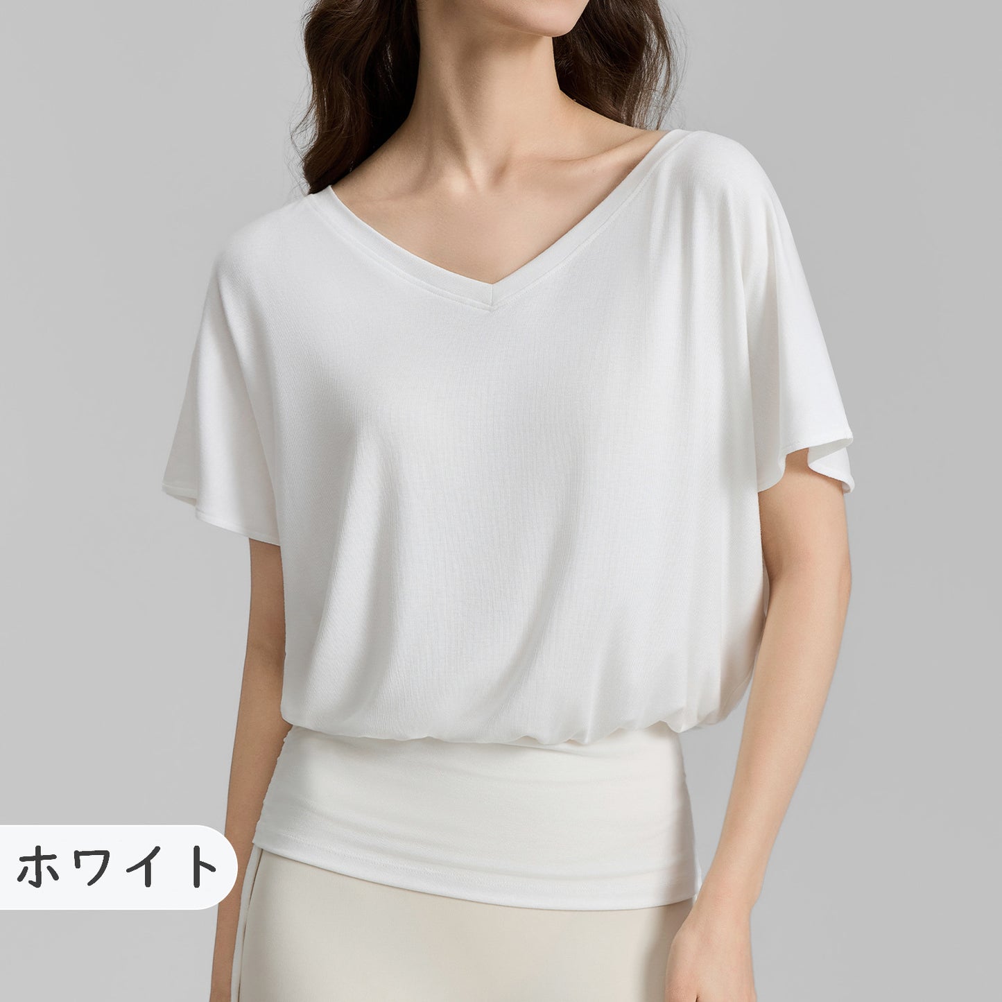 ゆったりVネック裾ドロスト半袖ヨガウェアフィットネスTシャツ 2450