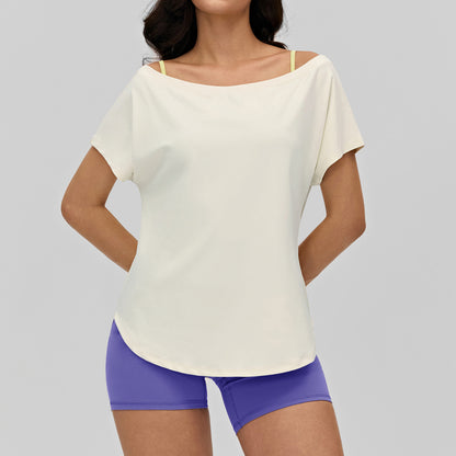 フィットネスワイドネックゆったり半袖Tシャツ 2575
