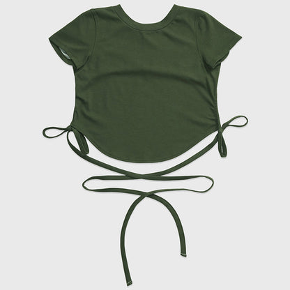 セクシーおしゃれ背中開き紐付きスポーツウェアトップスTシャツ 2449