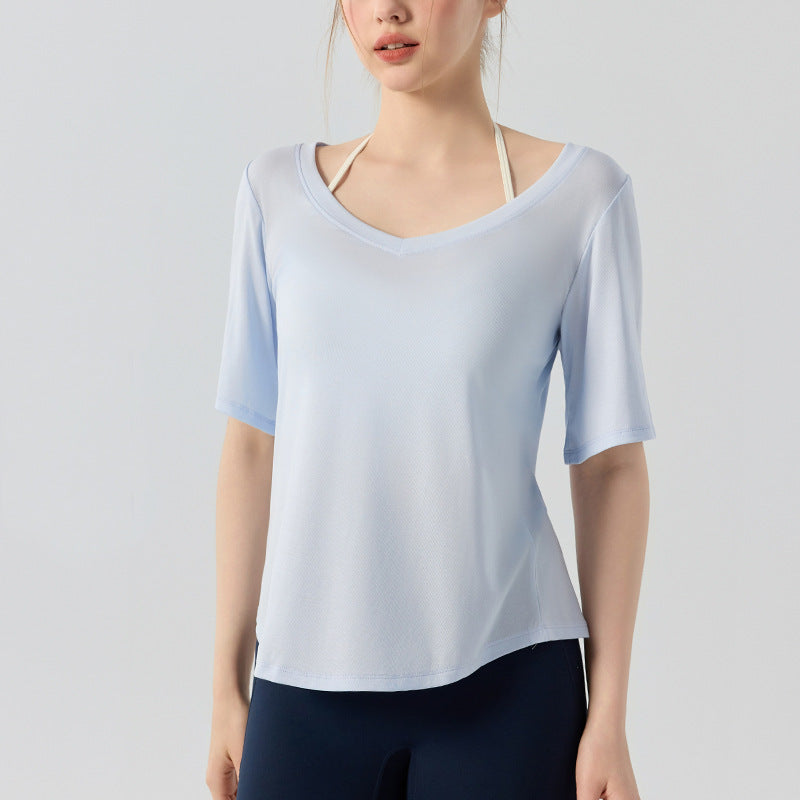 フィットネス半袖VネックスポーツウェアTシャツシアートップス 2473