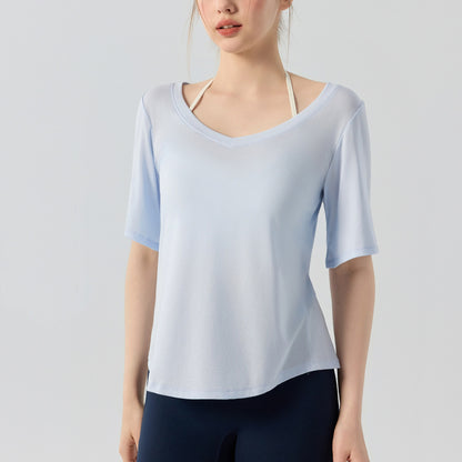 フィットネス半袖VネックスポーツウェアTシャツシアートップス 2473