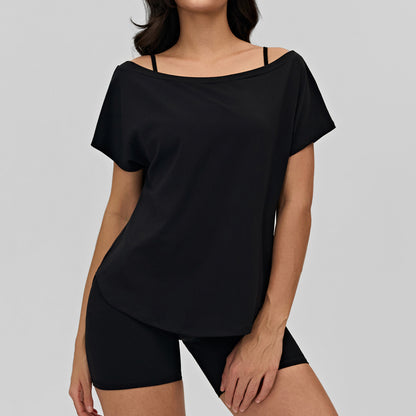 フィットネスワイドネックゆったり半袖Tシャツ 2575