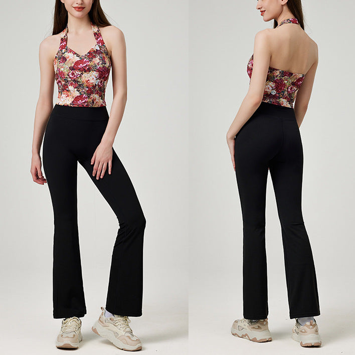 ファッション弾力性ヨガベストスポーツ花柄カップ付き上下セット 4107