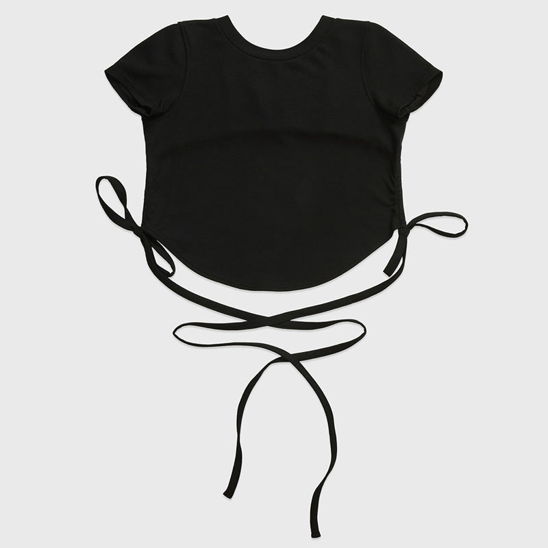 セクシーおしゃれ背中開き紐付きスポーツウェアトップスTシャツ 2449