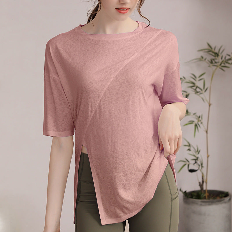 フィットネスゆったりテンセル半袖サイドスリットTシャツ 2471