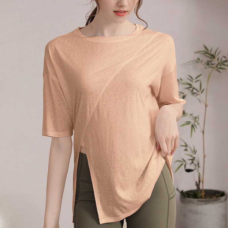 フィットネスゆったりテンセル半袖サイドスリットTシャツ 2471