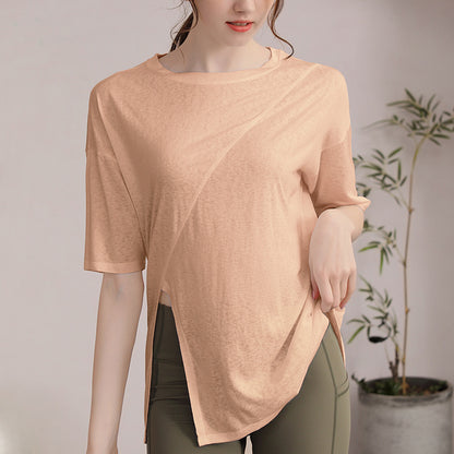 フィットネスゆったりテンセル半袖サイドスリットTシャツ 2471