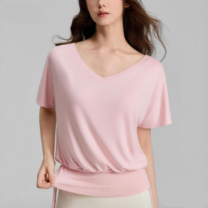 ゆったりVネック裾ドロスト半袖ヨガウェアフィットネスTシャツ 2450