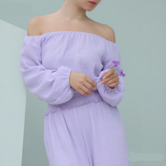 禅風コットンオフショルダーフリルリラックスウェアヨガセット 4111