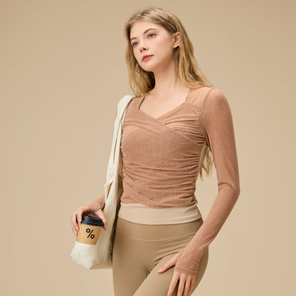 レイヤード風シースルー ロングスリーブヨガトップス 2398