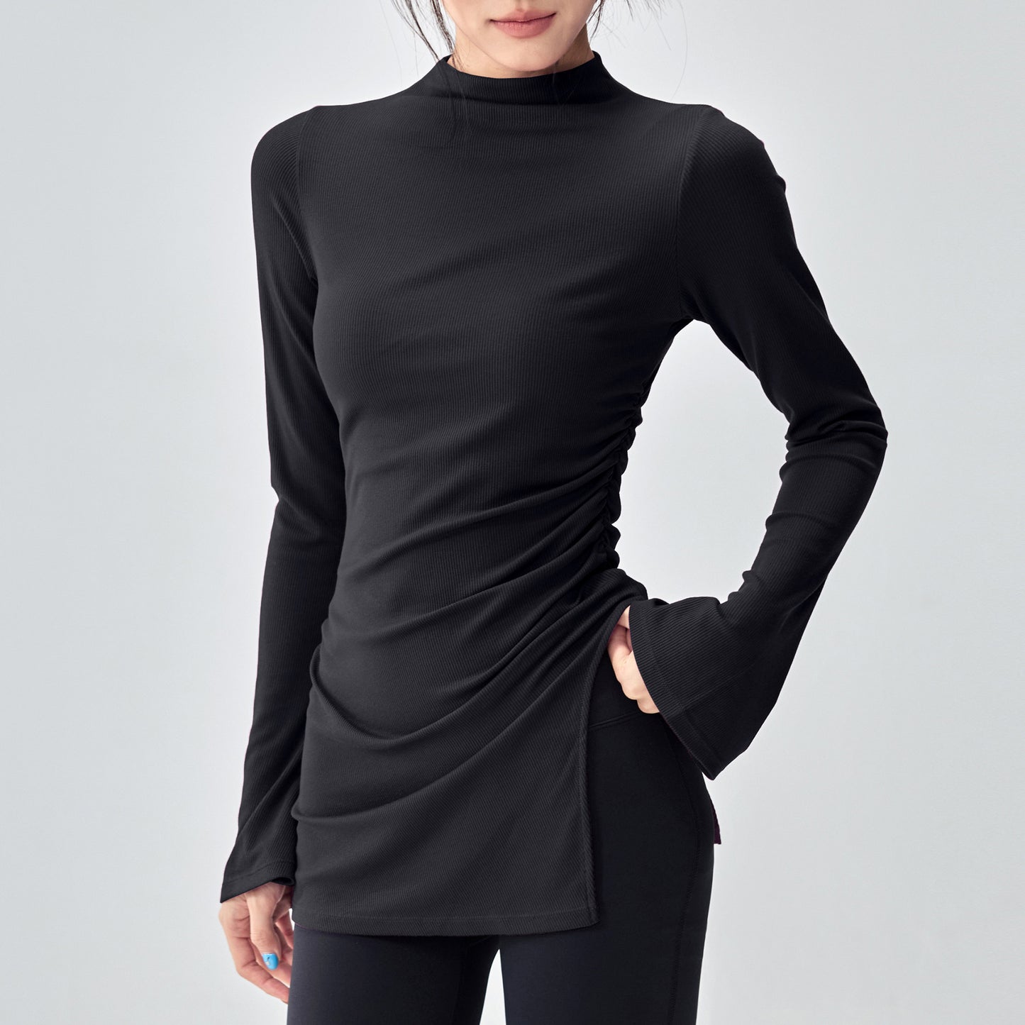 ボトルネック体型カバー ベルスリーブヨガ トップス 2396