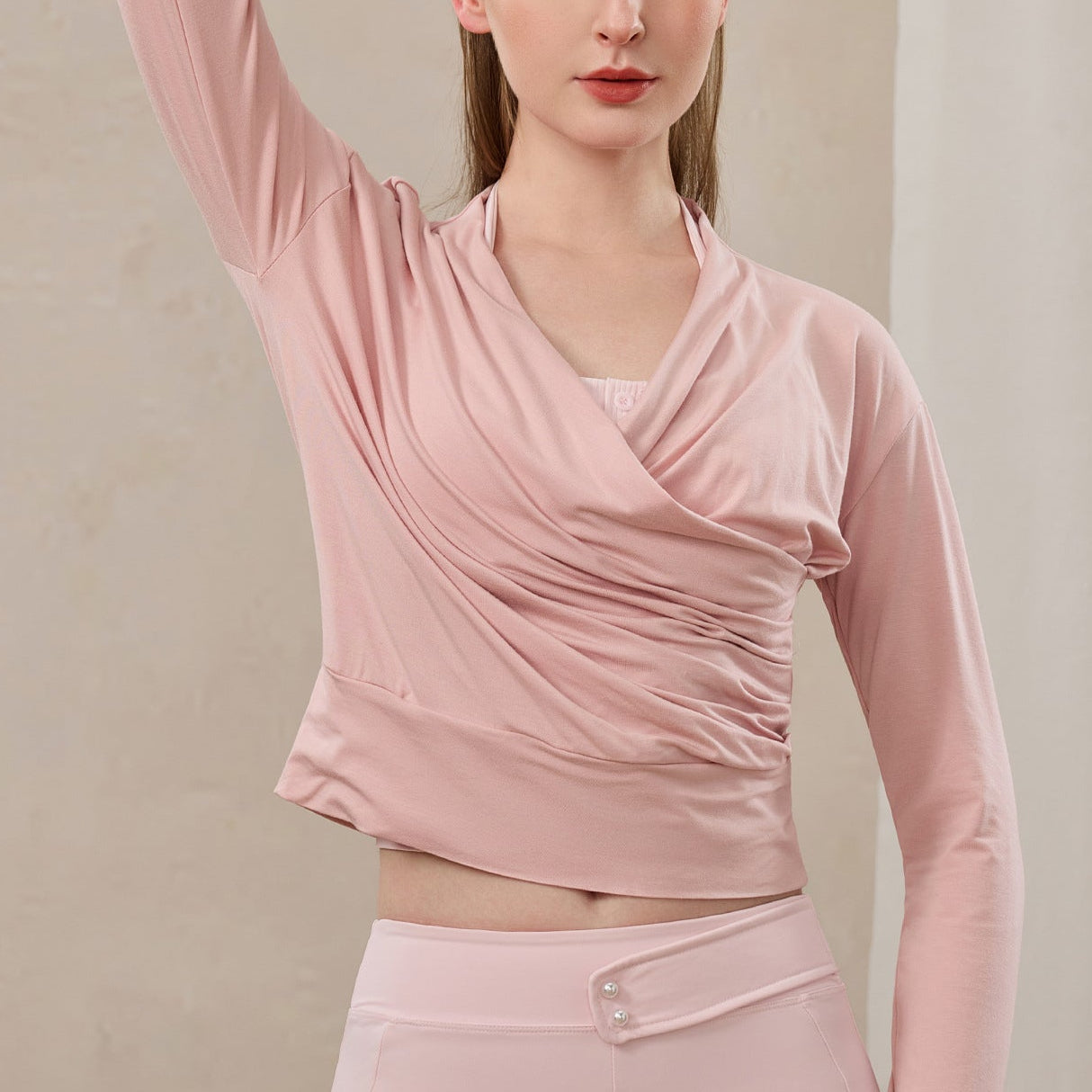 ウエストギャザーロングスリーブ体型カバーヨガ トップス  2399