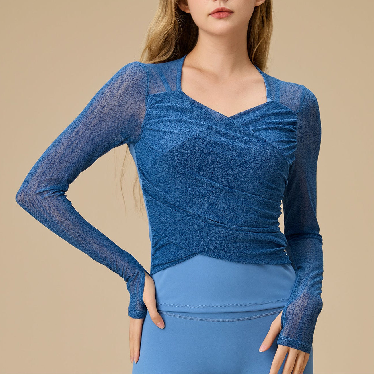 レイヤード風シースルー ロングスリーブヨガトップス 2398